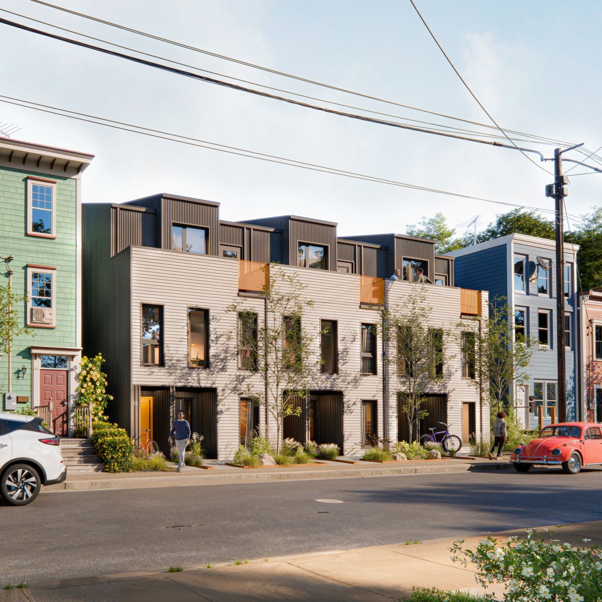 Rendu 3D de plusieurs maisons en rangée dotées d’un bardage lisse en bois et en métal, qui s’intègrent au quartier. 